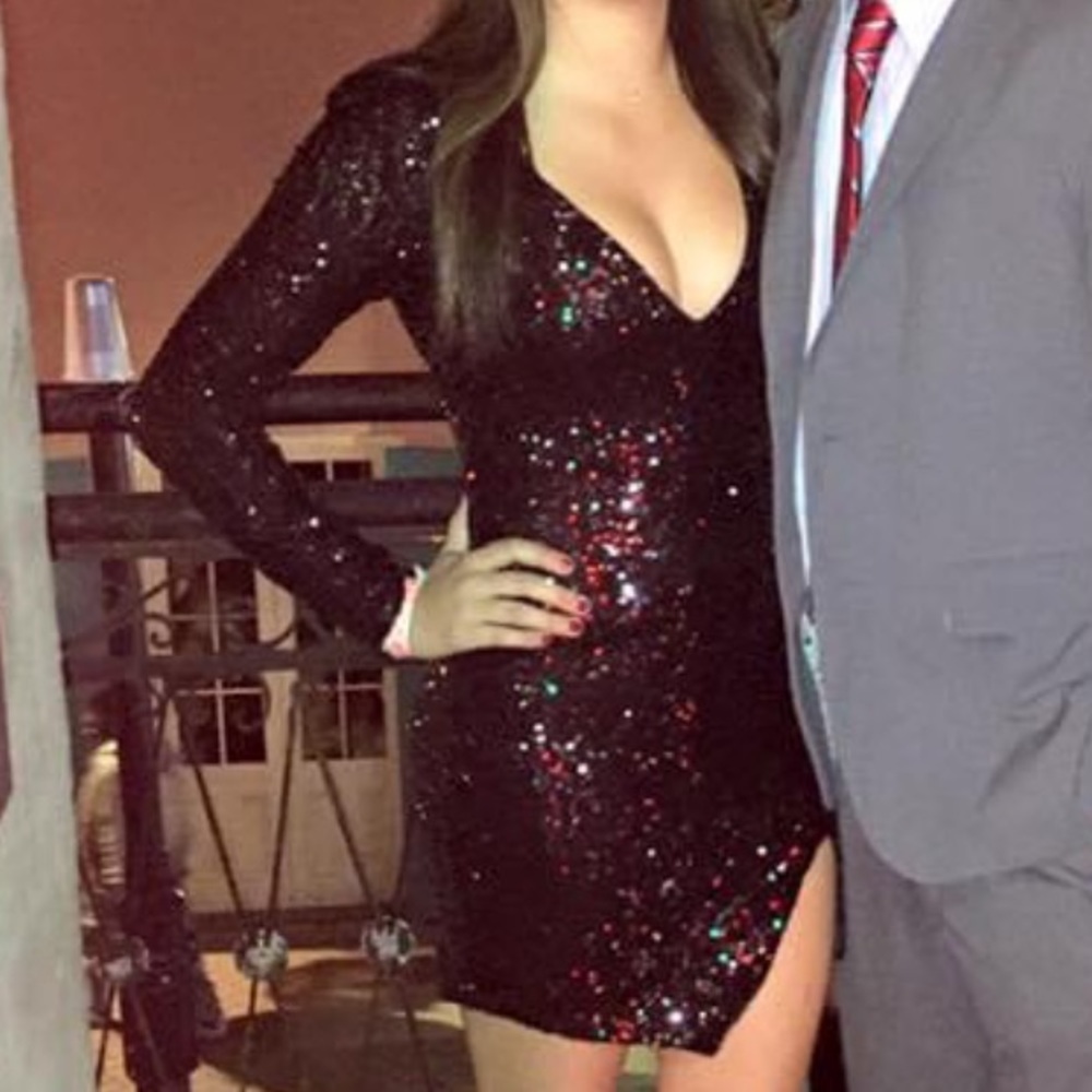 BEBE Black Sparkly Long-sleeve Cocktail Dress